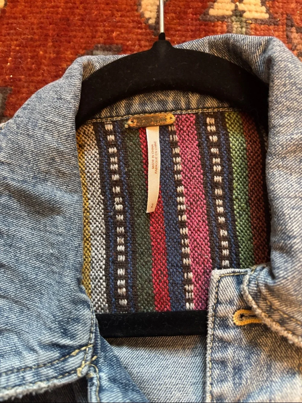 Free People Blue Denim Jacket with Multi-Color Inset Panels - Picture 3 of 6